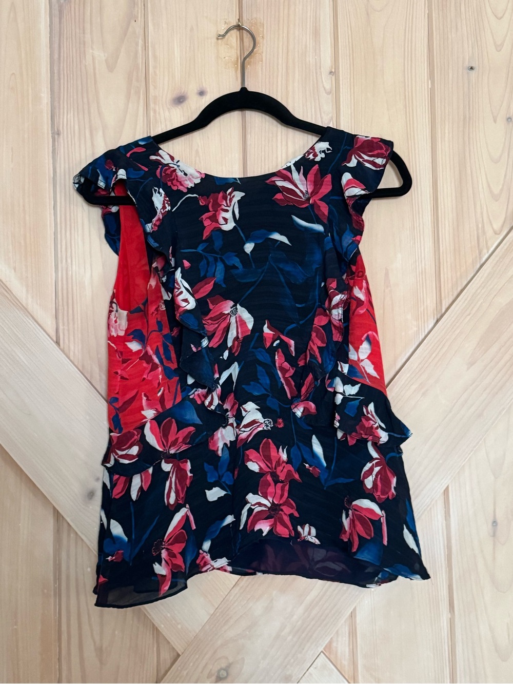 🌺 Tanya Taylor 100% Silk Floral Ruffle Blouse Navy Pink Size 4